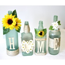 Frosted Green Decorated Wine Bottles HOME Design Sunflowers Painted Handmade   332482296852